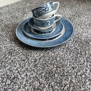 Vintage Currier & Ives Blue Transferware Set - 5pc - Royal China USA